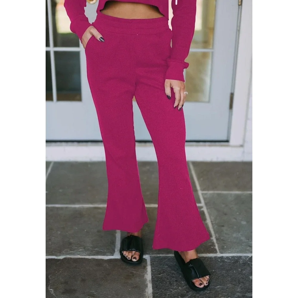 Vintage Modern Fixmatti 2 Piece Waffle Knit Crop Hoodie Flared Pants Red L